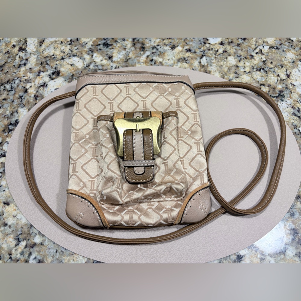 Tignanello Signature Cross Body Bag Beige Tan Gold Canvas Leather Buckle Pocket